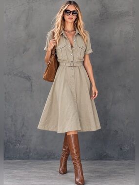 Vintage Gitano Safari Shirt Dress Belted Khaki Ramie Cotton Size Large NWT